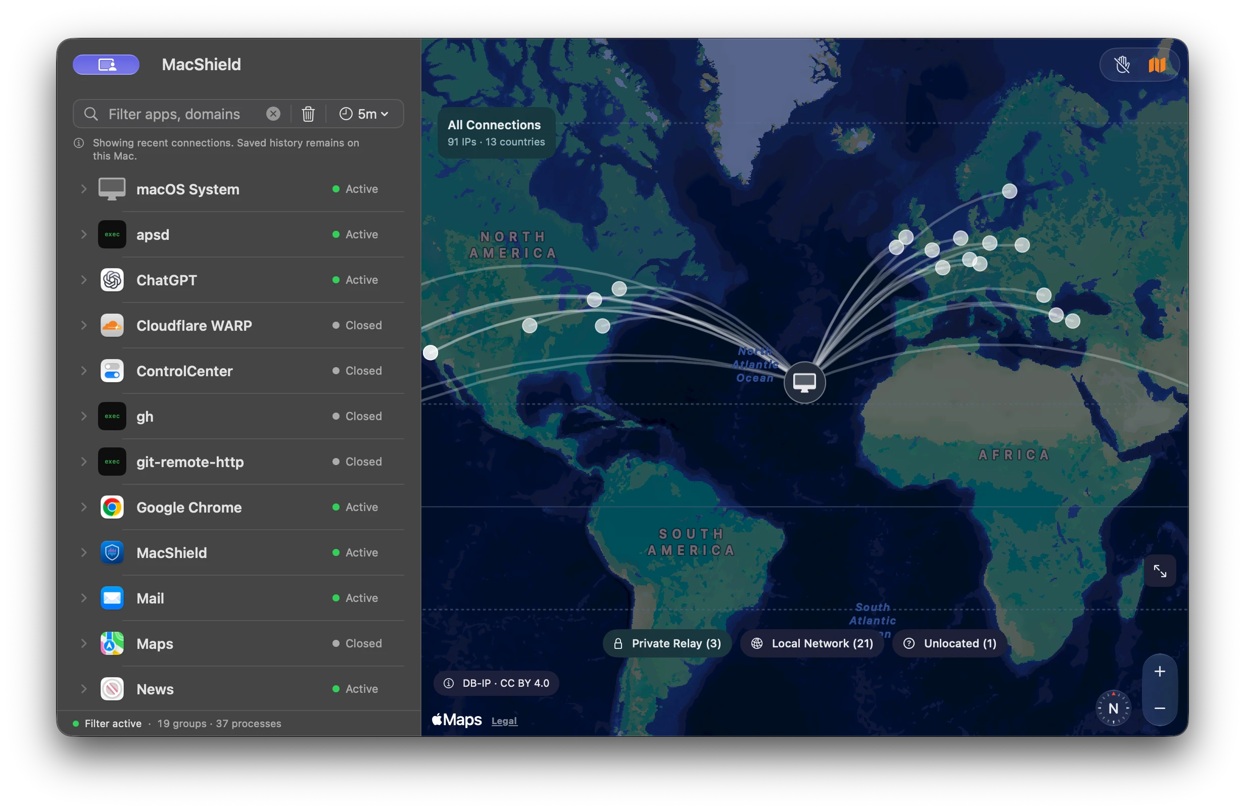 MacShield showing an app sidebar and a world map of network destinations with connection paths.