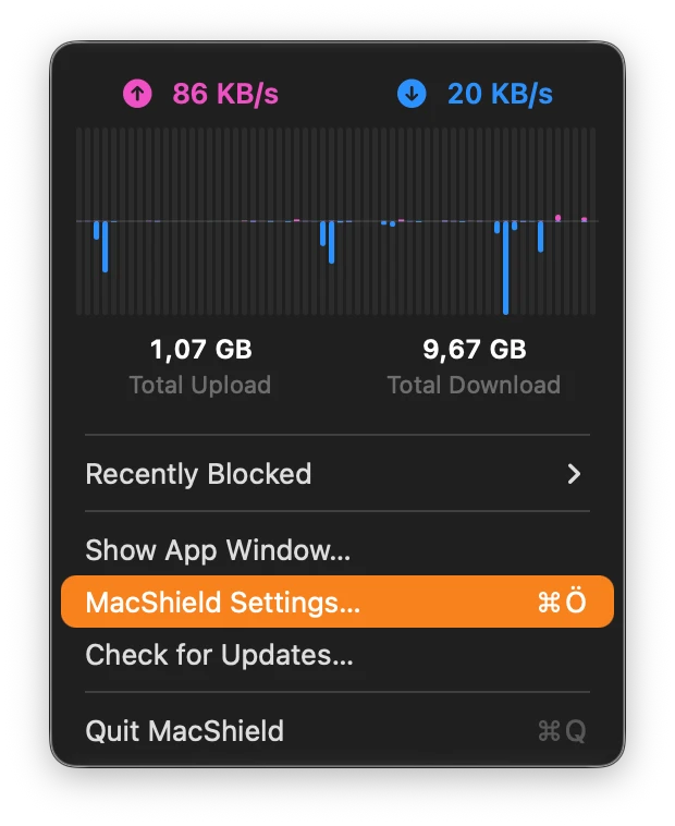MacShield menu-bar panel showing upload and download speeds, a traffic chart, totals and Recently Blocked.