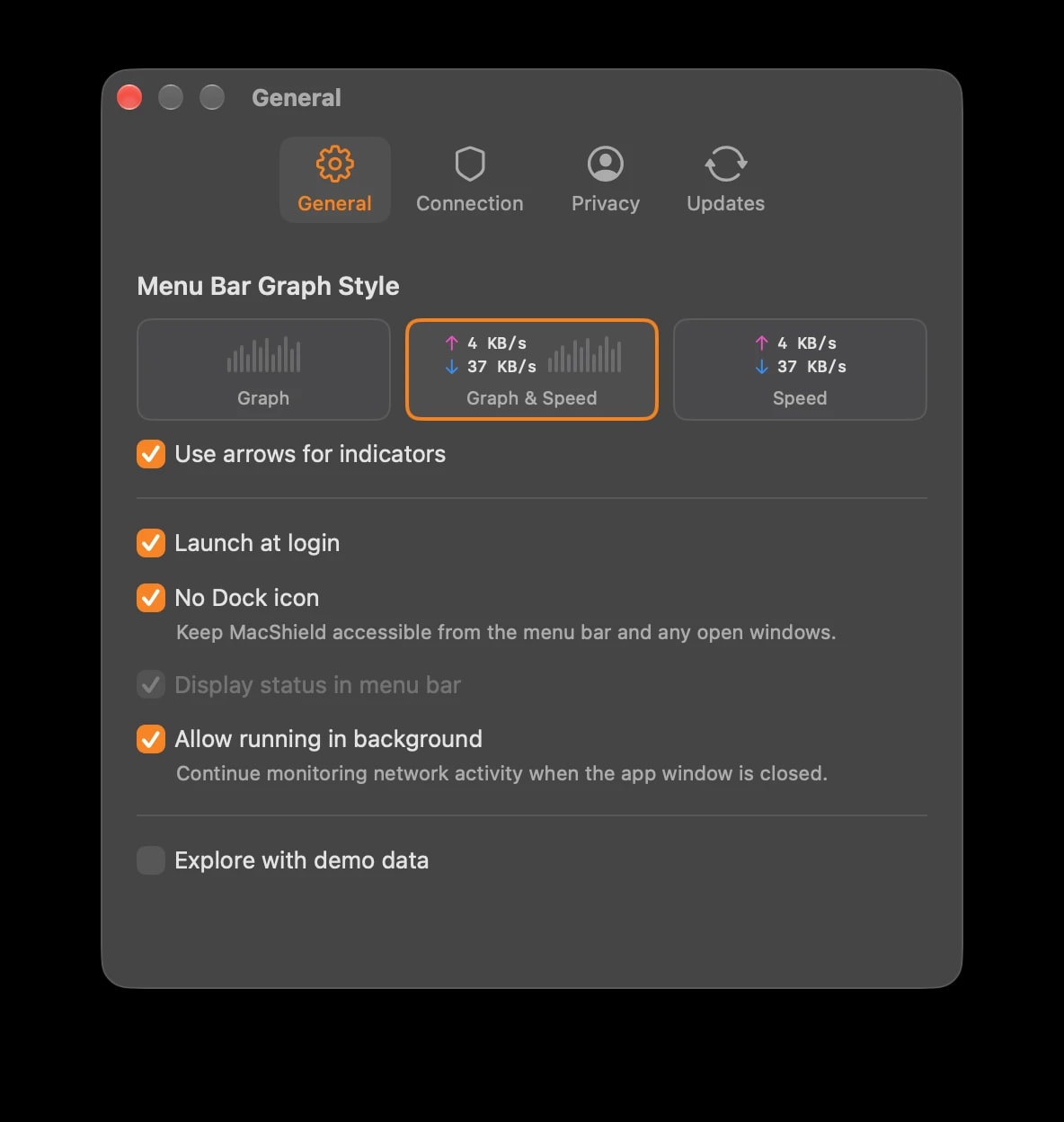 MacShield General settings with menu-bar graph styles, launch at login, Dock icon and background monitoring options.